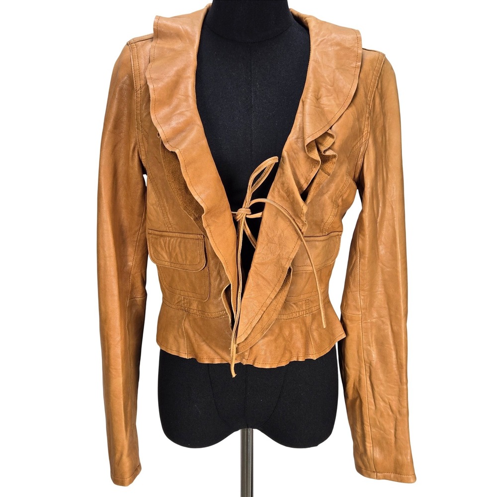 Old Navy Women's Cognac Tan Ruffled Leather Tie-Front Jacket